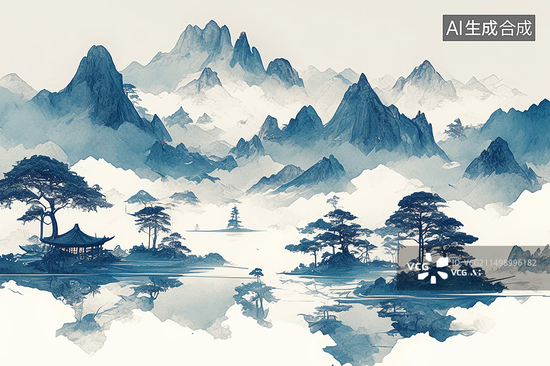 【AI数字艺术】中国风山水风景意境水墨风插画图片素材