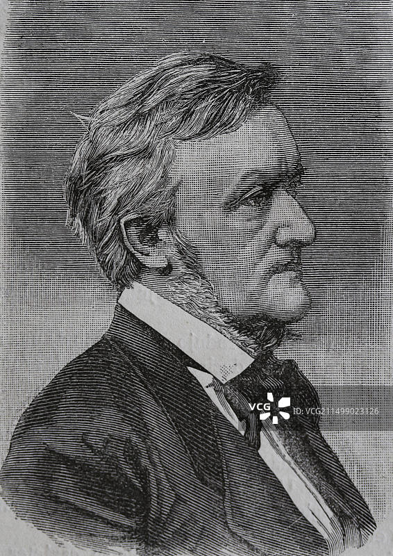 德国作曲家理查德·瓦格纳（1813-1883）肖像，1883年雕版图片素材