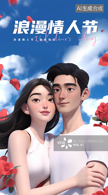 【AI数字艺术】浪漫情人节相拥的情侣可爱3D海报图片素材
