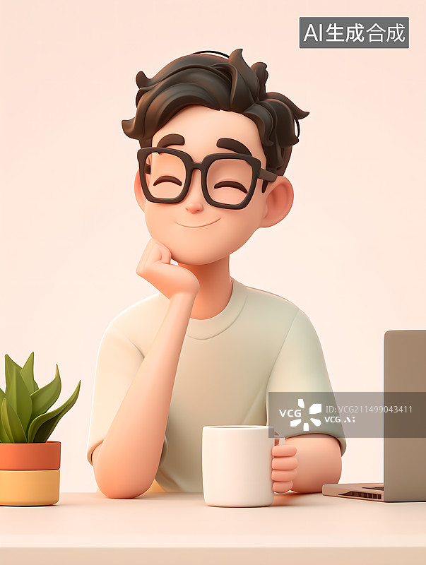 【AI数字艺术】3D卡通男人手拿咖啡休息图片素材