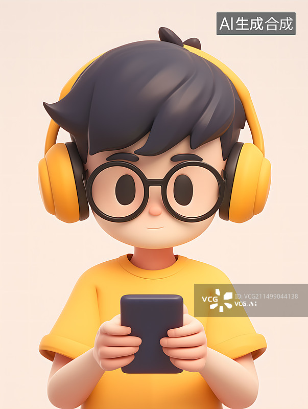【AI数字艺术】戴着耳机的男孩查看手机图片素材
