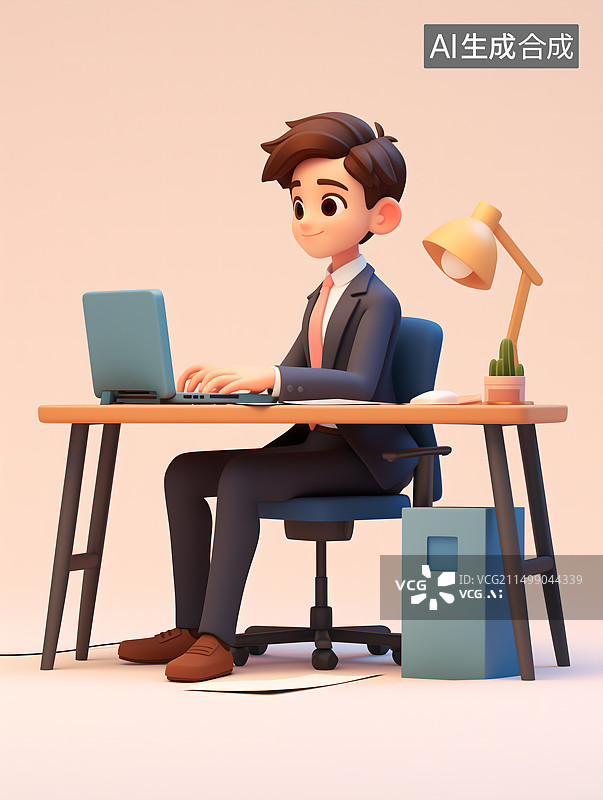 【AI数字艺术】3D卡通职场男士在电脑上办公图片素材