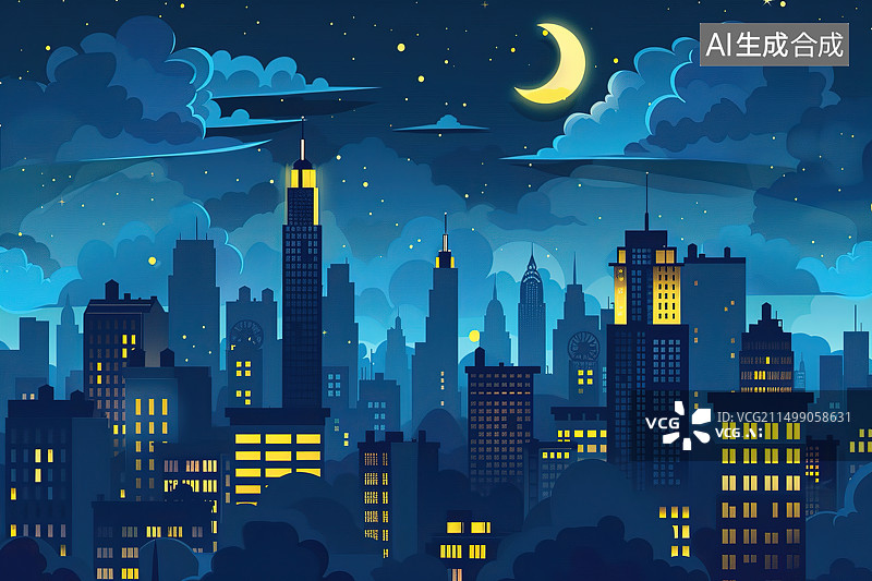 【AI数字艺术】扁平风城市夜晚耸立入云的摩天大楼插画图片素材