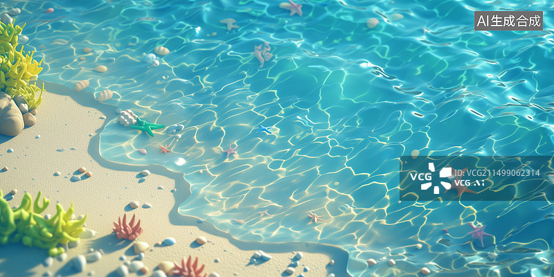 【AI数字艺术】有珊瑚海星植物的清澈透明的海水3D卡通插画图片素材