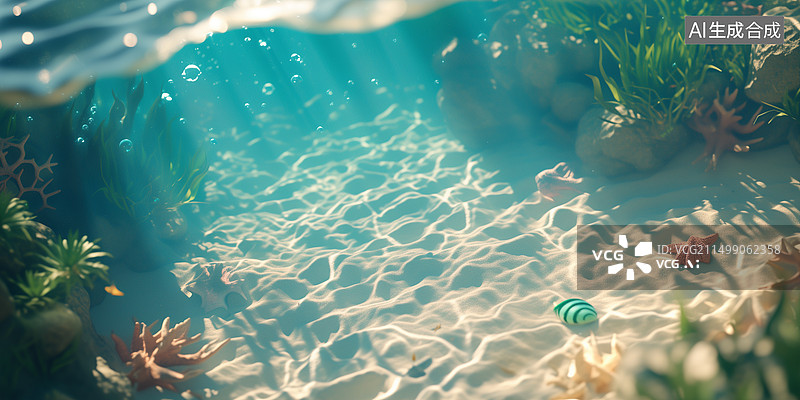 【AI数字艺术】有珊瑚海星植物的清澈透明的海水3D卡通插画图片素材