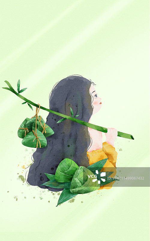 端午的水彩女孩 竖版图片素材