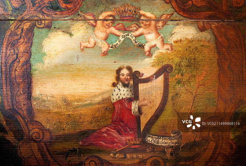 大卫王与竖琴：17世纪爱沙尼亚桌式竖琴绘画，德国北莱茵-威斯特法伦图片素材