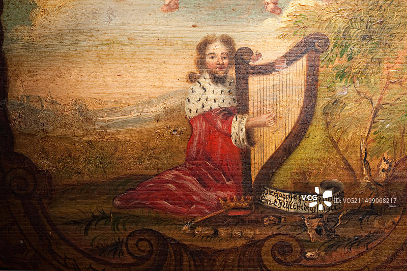 大卫王与竖琴：17世纪爱沙尼亚桌式竖琴绘画，德国北莱茵-威斯特法伦图片素材