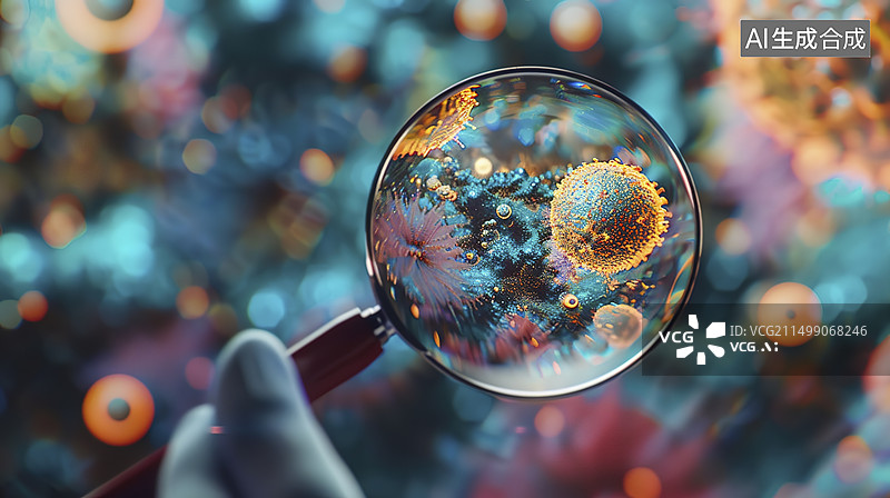 【AI数字艺术】放大镜观察病毒概念图片素材
