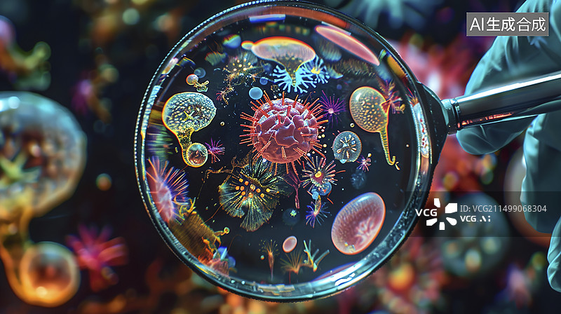 【AI数字艺术】放大镜观察病毒概念图片素材