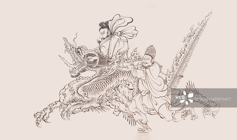 古代绘画，唐，吴道子，送子天王图局部，驭龙巡天图片素材