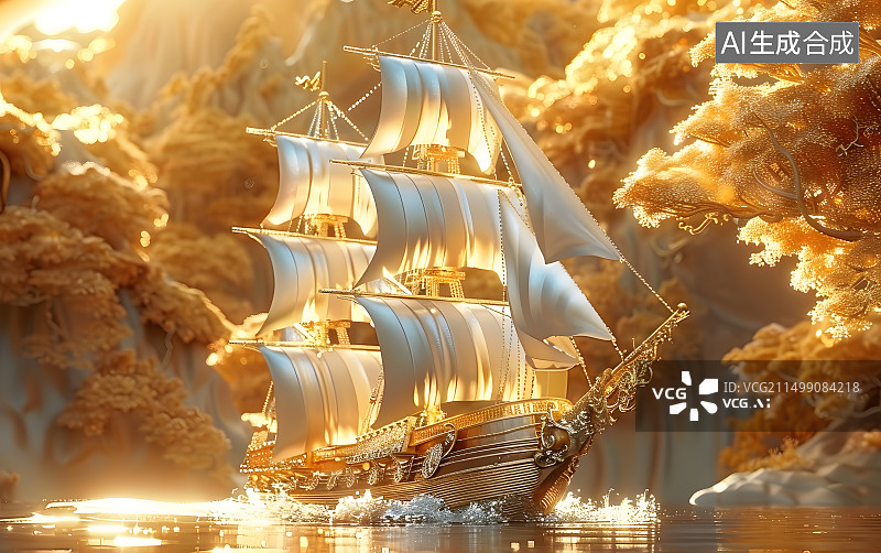 【AI数字艺术】象征商业财富的黄金帆船在金色的水面上图片素材