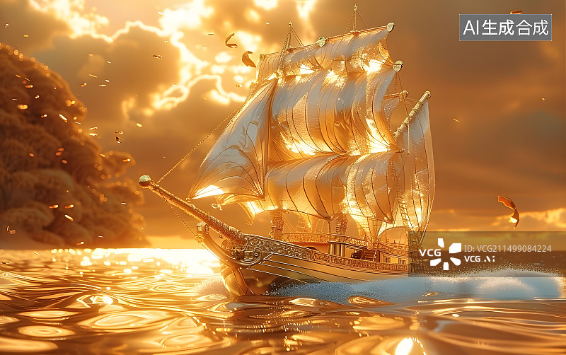 【AI数字艺术】象征商业财富的黄金帆船在金色的水面上图片素材
