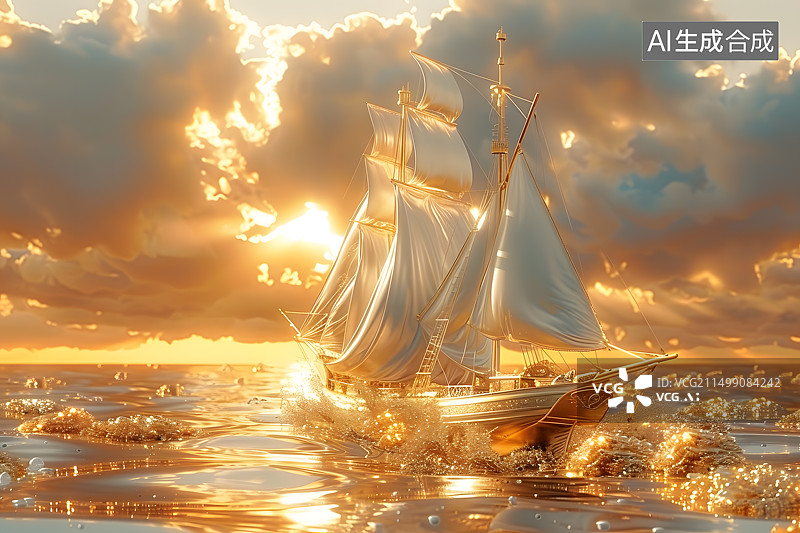 【AI数字艺术】象征商业财富的黄金帆船在金色的水面上图片素材