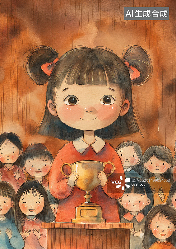 【AI数字艺术】学校里一个小学生努力学习获得奖杯图片素材