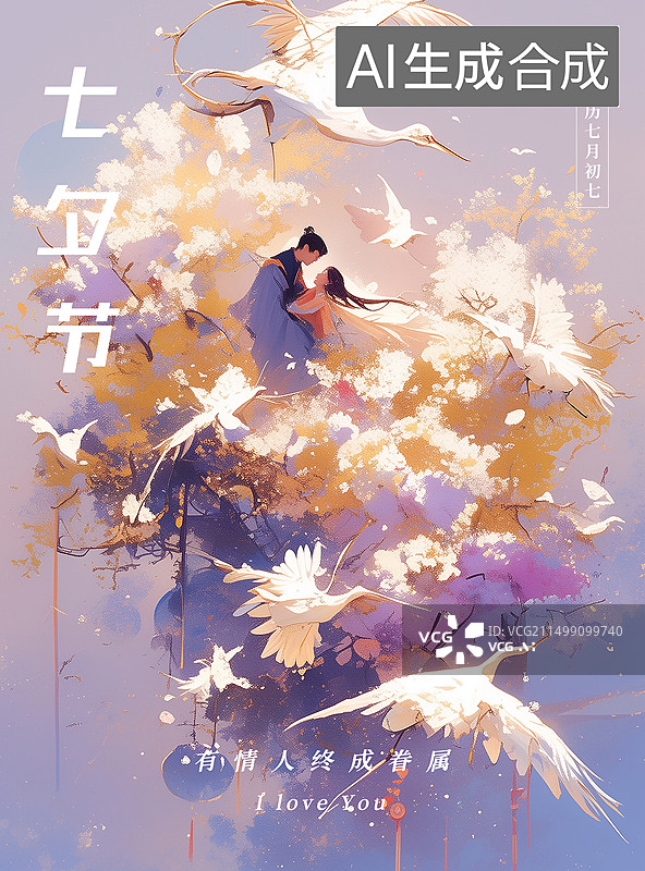 【AI数字艺术】七夕节情侣插画海报图片素材