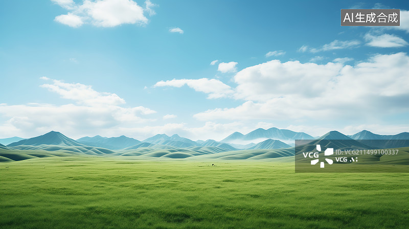【AI数字艺术】蓝天白云下的草原自然风光图片素材