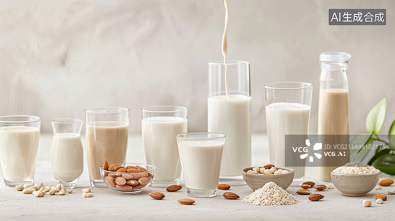 【AI数字艺术】桌上各类牛奶干果的特写镜头图片素材