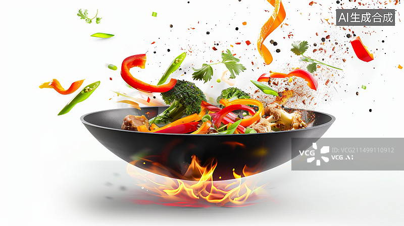 【AI数字艺术】锅里飞起来的健康蔬菜图片素材