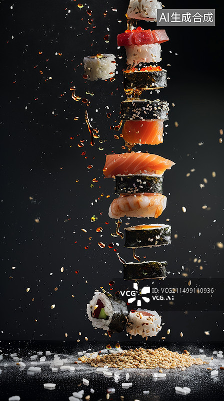 【AI数字艺术】黑色背景下飞起来的各类寿司图片素材