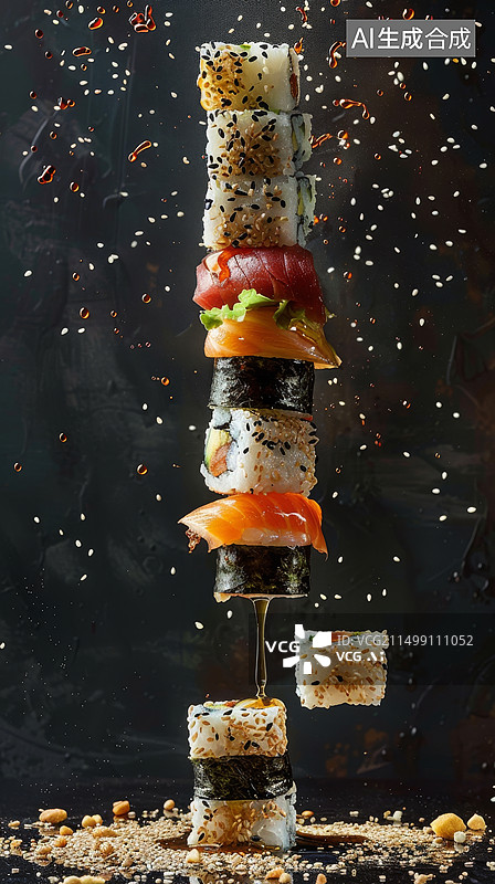 【AI数字艺术】黑色背景下飞起来的各类寿司图片素材