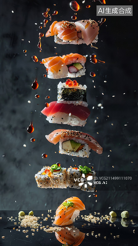 【AI数字艺术】黑色背景下飞起来的各类寿司图片素材