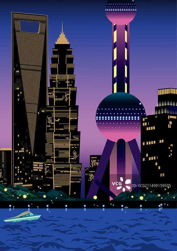 上海外滩美式Citypop插画夜景图片素材