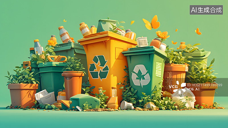 【AI数字艺术】创意环保：回收箱上的生命之花图片素材