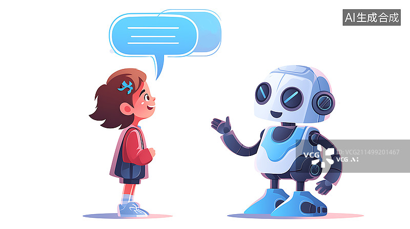 【AI数字艺术】一个孩子正和一个机器人对话插画图片素材