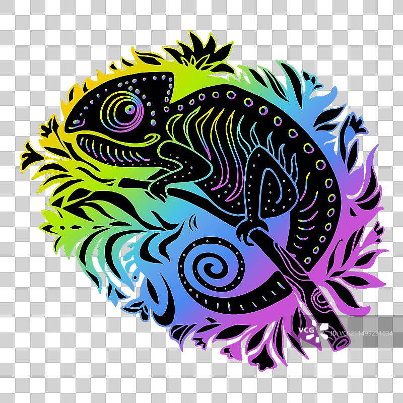 彩虹色变色龙涂鸦剪影图片素材