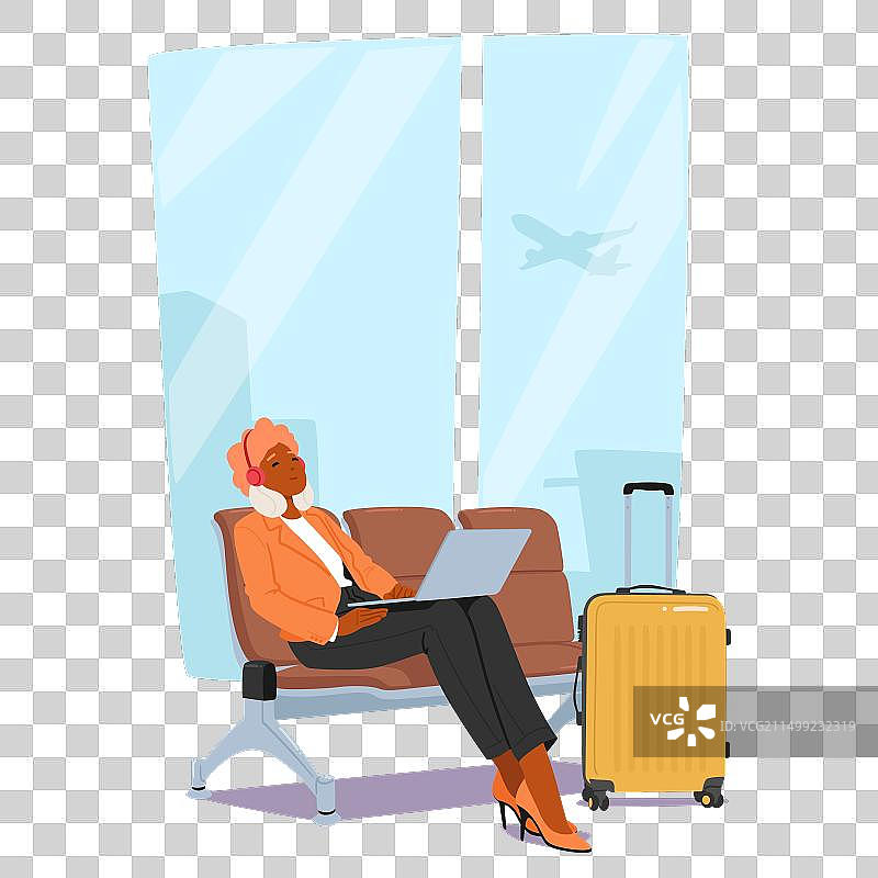 在机场舒适地坐在长椅上的女人图片素材