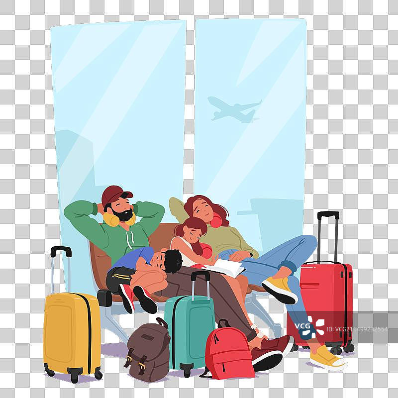 一家人和孩子们在机场航站楼休息图片素材