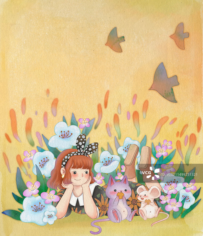 红头发的女孩在花丛中，旁边躺着灰猫和白老鼠，天上有鸟儿飞过图片素材