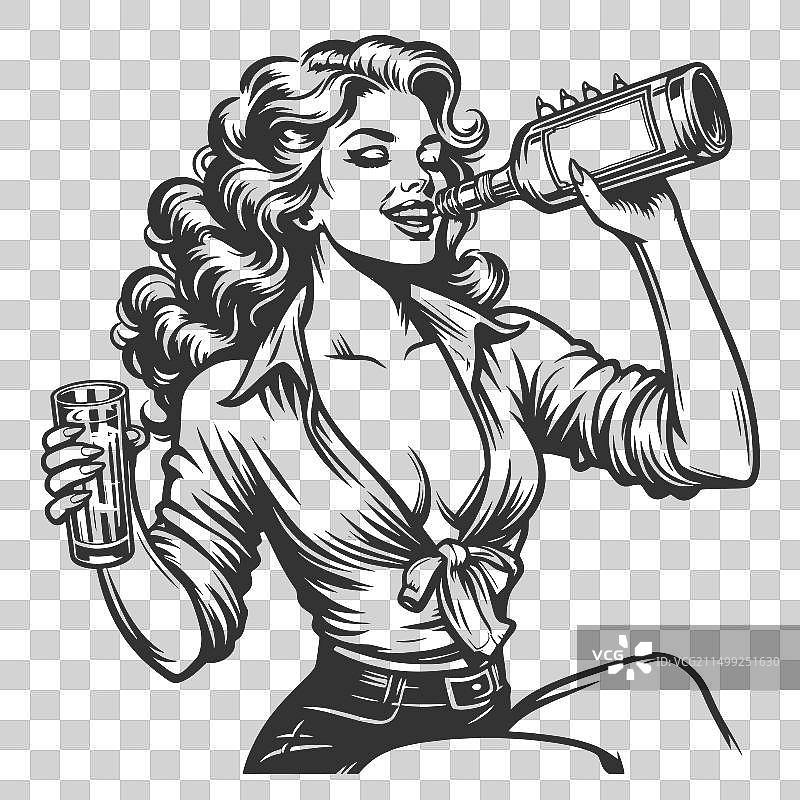 女人享受一瓶伏特加酒雕刻图片素材