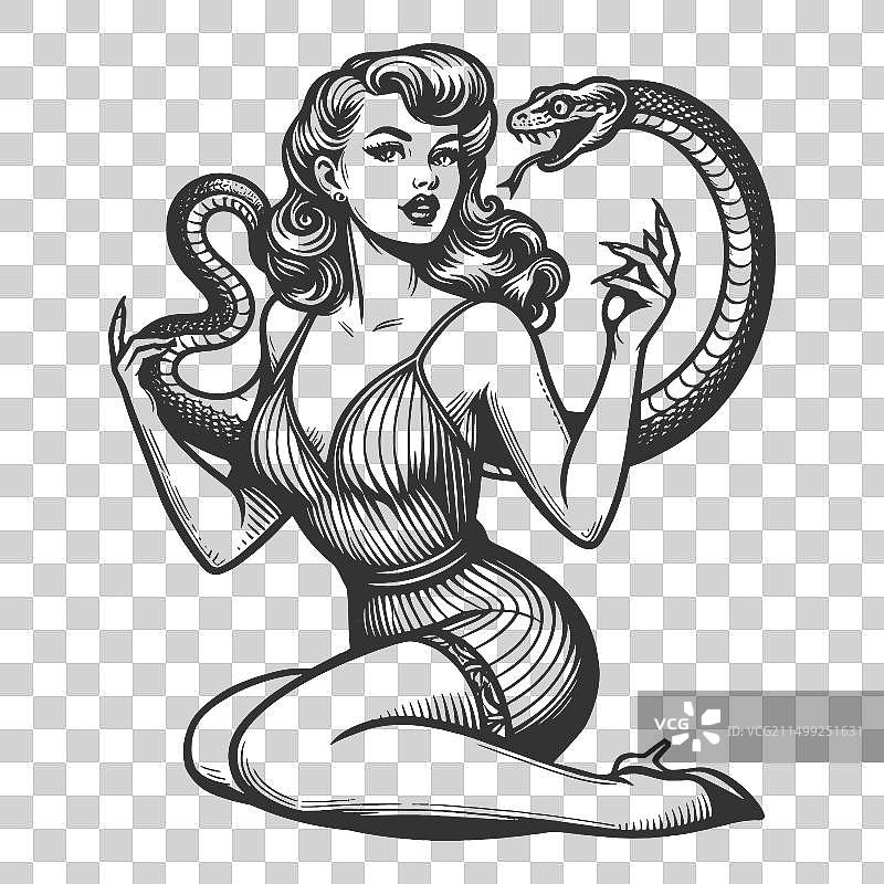 带有蛇雕刻的性感女郎图片素材