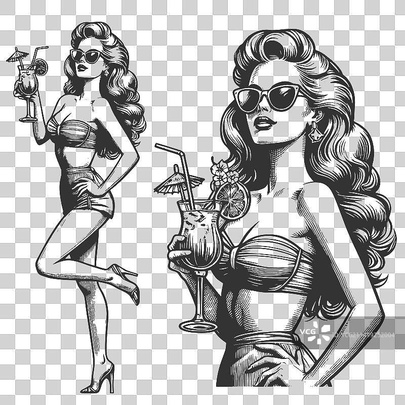 享受热带饮品的复古海报女郎图片素材