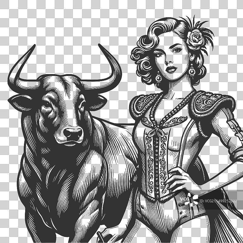 穿着传统服装的女人和牛图片素材