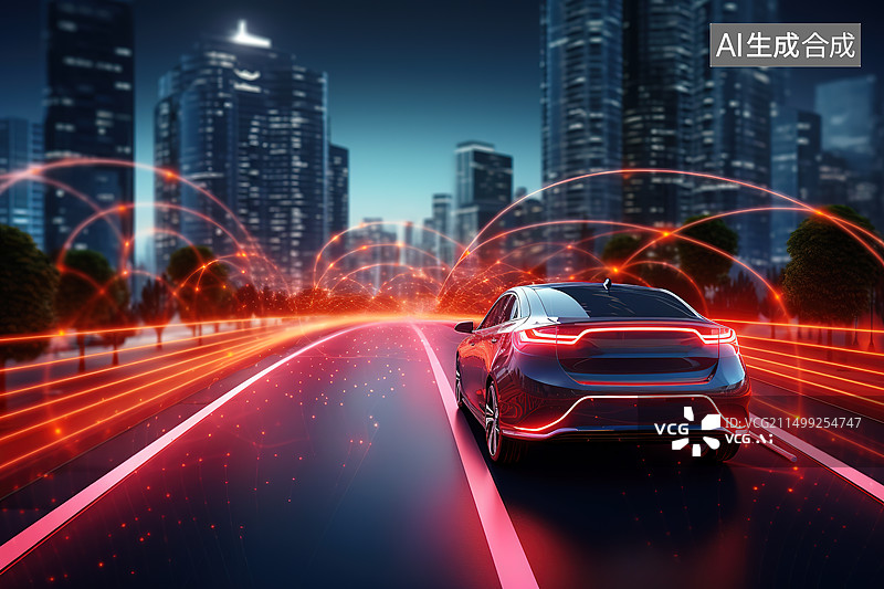 【AI数字艺术】城市公路上自动驾驶的电动车——汽车自动驾驶激光雷达概念图片素材