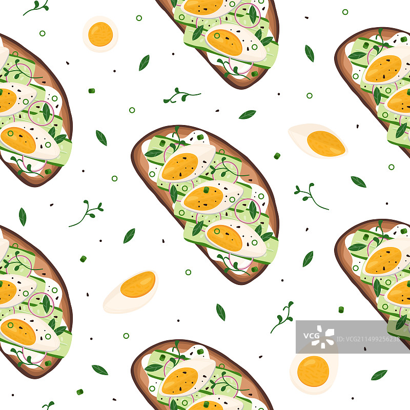 意式烤面包、煮鸡蛋和绿色植物图案图片素材