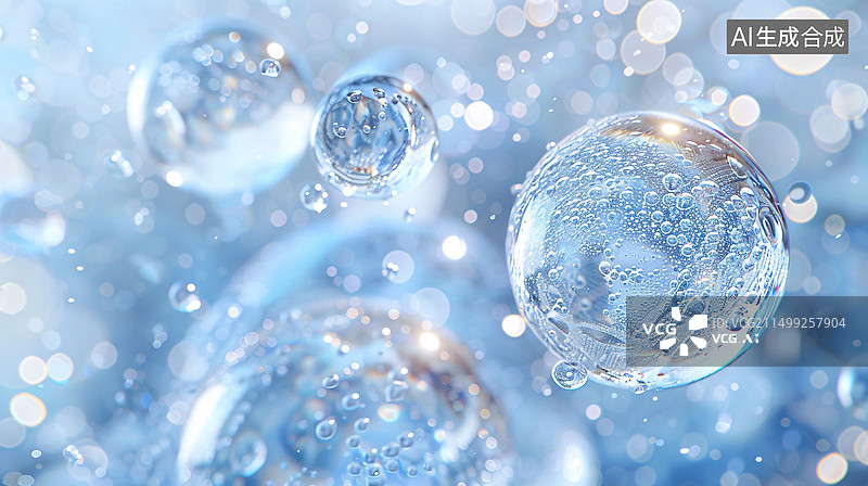 【AI数字艺术】水滴水分子和气泡在蓝白色背景中图片素材