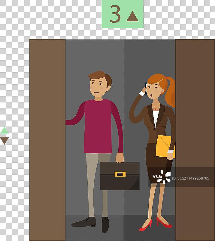 乘坐办公室电梯到工作场所的员工图片素材
