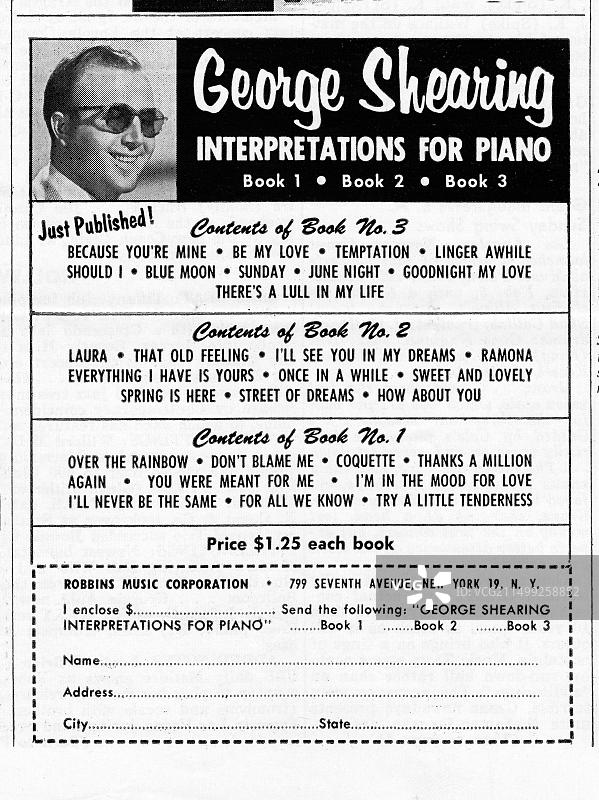 1953年期刊中刊登的爵士大师乔治·希林的钢琴教材广告图片素材