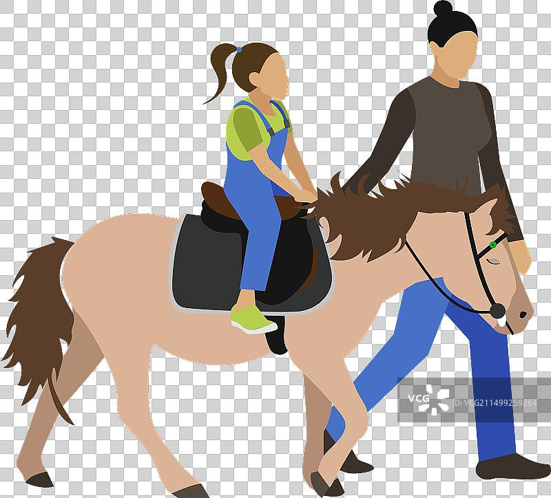 女人教小女孩骑马图片素材