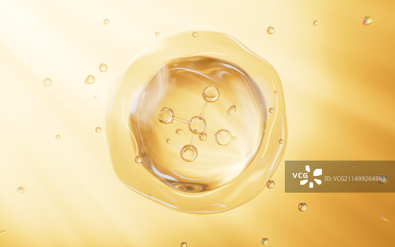 金色分子和细胞结构生物科技概念3D渲染图片素材