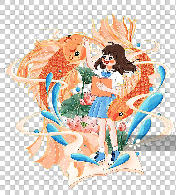 锦鲤附体高考加油考试必胜女孩插画元素图片素材
