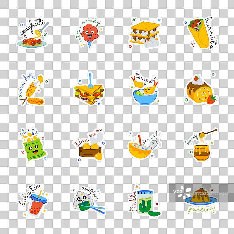 现代街头食品和甜点扁平贴纸图片素材