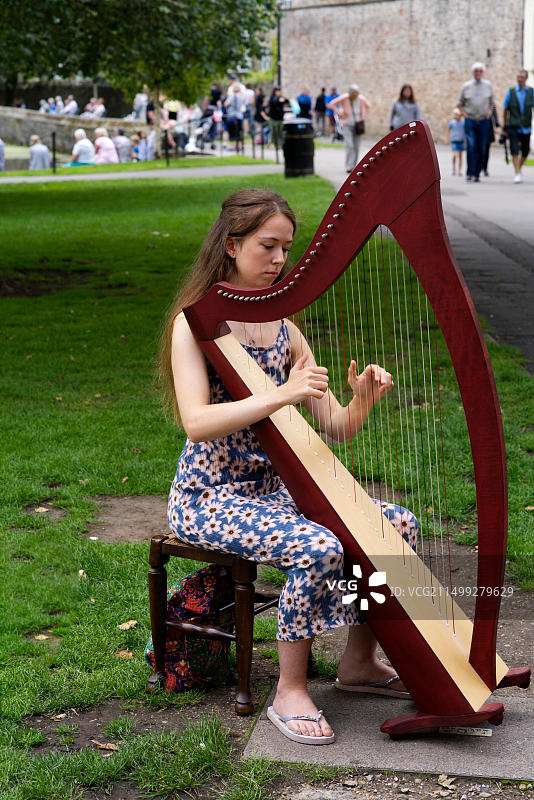 在主教宫绿地上表演的凯尔特竖琴演奏者图片素材