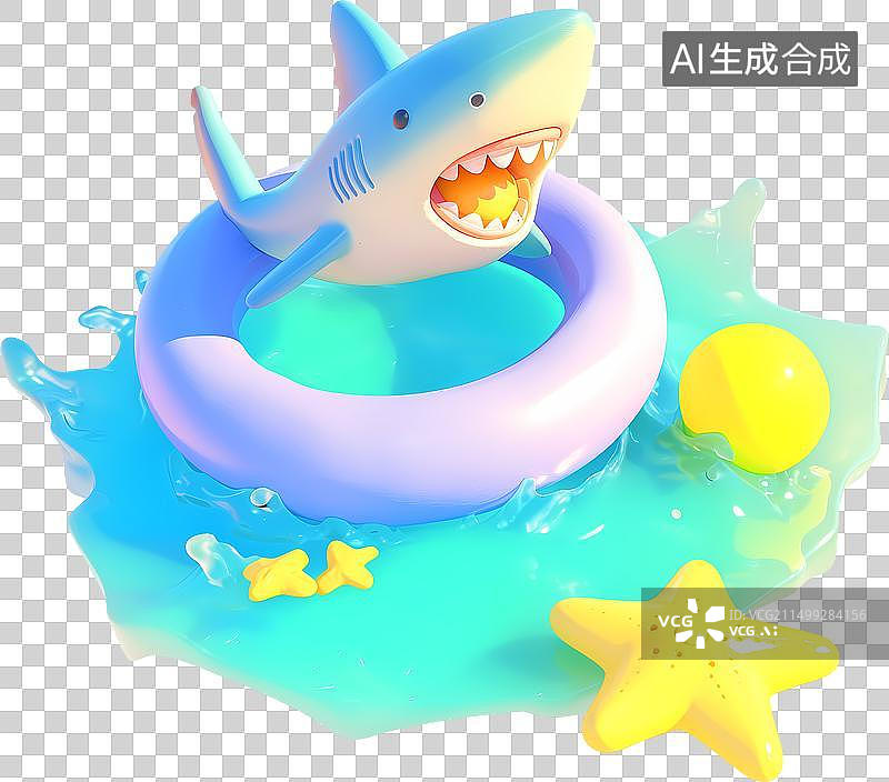 【AI数字艺术】海水海星游泳圈鲨鱼夏天3D插画图片素材
