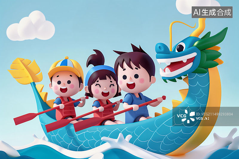 【AI数字艺术】3D端午节赛龙舟划龙舟风格插画小朋友小学生赛龙舟海报背景传统文化进校园图片素材