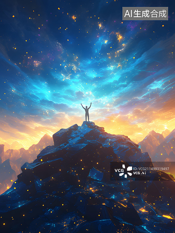 【AI数字艺术】登上山顶的人图片素材